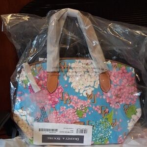 Dooney & Bourke Blue Hydrangea Floral Satchel with Tan Trim